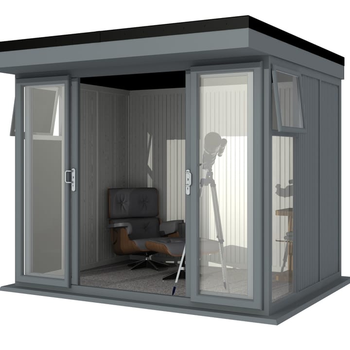 Nordic Broadway Flat 3m x 2.4m in Grey.

The Broadway Flat includes large double sliding doors to the front. A glass to ground window with a top opening vent is positioned in each end, towards the front.