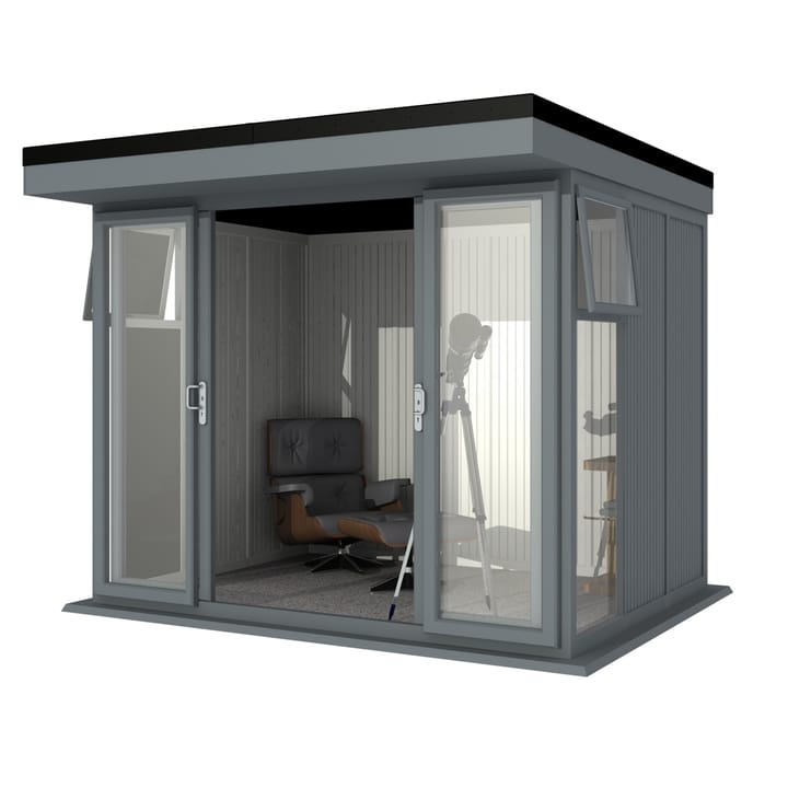 Nordic Broadway Flat 3m x 2.4m in Grey.

The Broadway Flat includes large double sliding doors to the front. A glass to ground window with a top opening vent is positioned in each end, towards the front.
