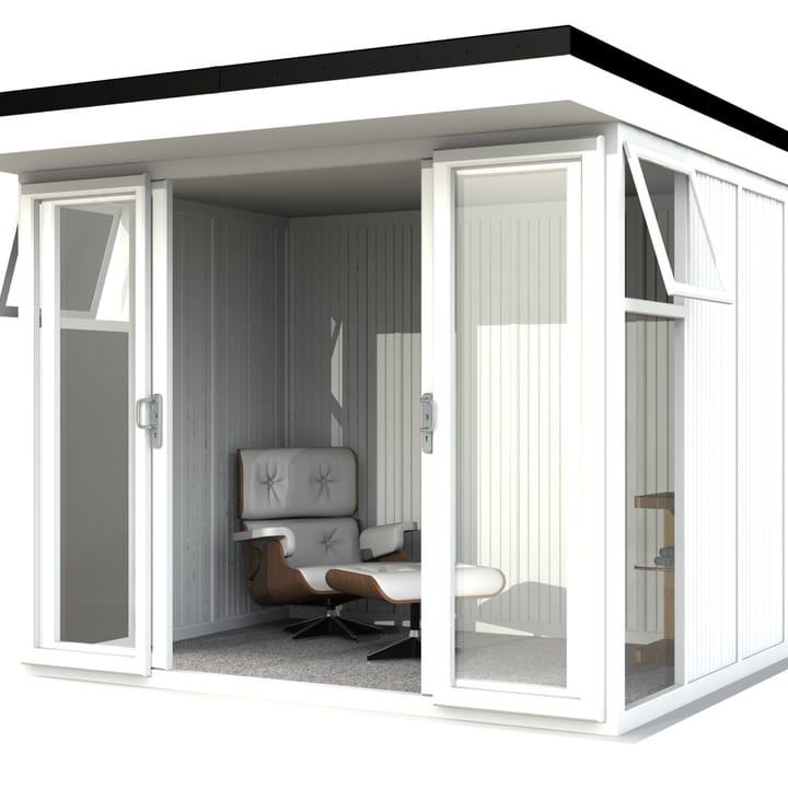 Nordic Broadway Flat 3m x 2.4m in White.

The Broadway Flat includes large double sliding doors to the front. A glass to ground window with a top opening vent is positioned in each end, towards the front.