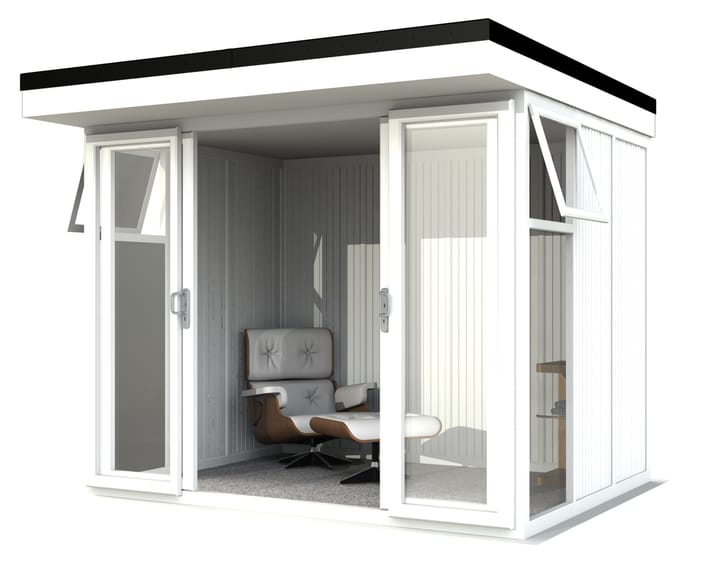 Nordic Broadway Flat 3m x 2.4m in White.

The Broadway Flat includes large double sliding doors to the front. A glass to ground window with a top opening vent is positioned in each end, towards the front.