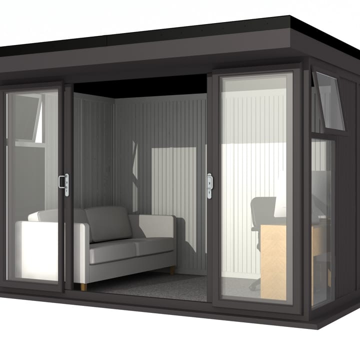 Nordic Broadway Flat 3.6m x 2.4m in Black.

The Broadway Flat includes large double sliding doors to the front. A glass to ground window with a top opening vent is positioned in each end, towards the front.