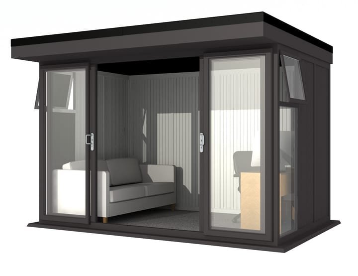Nordic Broadway Flat 3.6m x 2.4m in Black.

The Broadway Flat includes large double sliding doors to the front. A glass to ground window with a top opening vent is positioned in each end, towards the front.