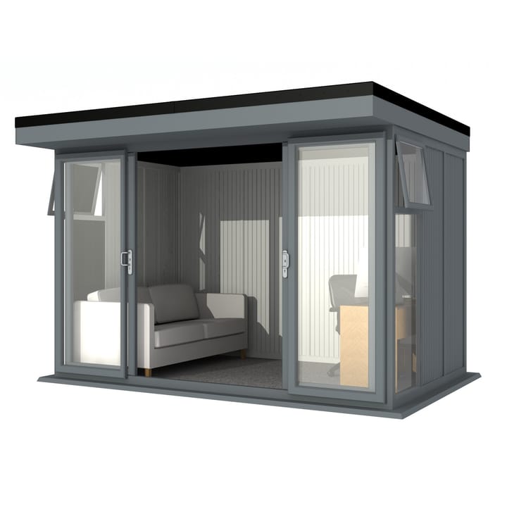 Nordic Broadway Flat 3.6m x 2.4m in Grey.

The Broadway Flat includes large double sliding doors to the front. A glass to ground window with a top opening vent is positioned in each end, towards the front.