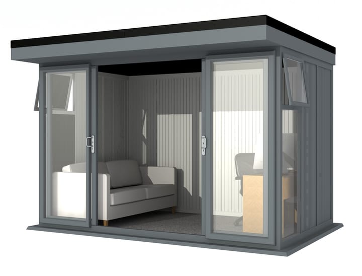 Nordic Broadway Flat 3.6m x 2.4m in Grey.

The Broadway Flat includes large double sliding doors to the front. A glass to ground window with a top opening vent is positioned in each end, towards the front.