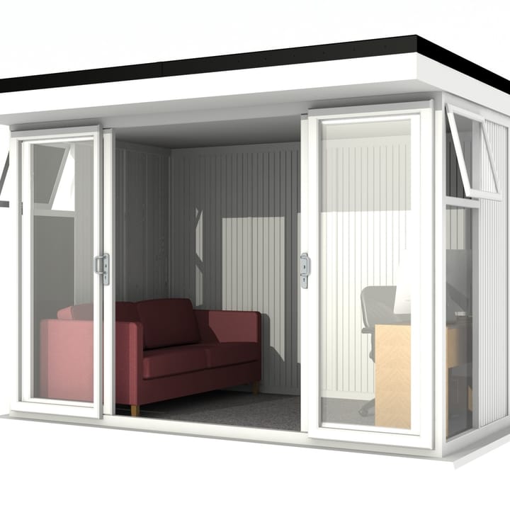 Nordic Broadway Flat 3.6m x 2.4m in White.

The Broadway Flat includes large double sliding doors to the front. A glass to ground window with a top opening vent is positioned in each end, towards the front.