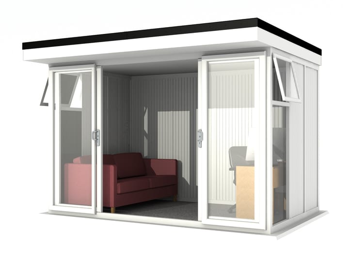 Nordic Broadway Flat 3.6m x 2.4m in White.

The Broadway Flat includes large double sliding doors to the front. A glass to ground window with a top opening vent is positioned in each end, towards the front.