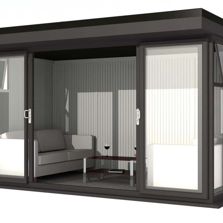 Nordic Broadway Flat 4.2m x 2.4m in Black.

The Broadway Flat includes large double sliding doors to the front. A glass to ground window with a top opening vent is positioned in each end, towards the front.