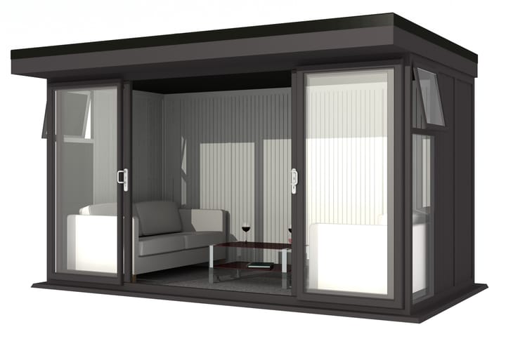 Nordic Broadway Flat 4.2m x 2.4m in Black.

The Broadway Flat includes large double sliding doors to the front. A glass to ground window with a top opening vent is positioned in each end, towards the front.