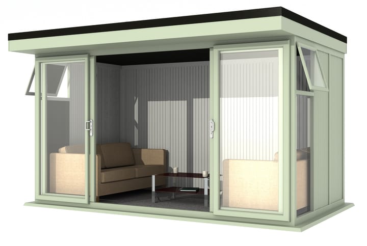 Nordic Broadway Flat 4.2m x 2.4m in Chartwell Green.

The Broadway Flat includes large double sliding doors to the front. A glass to ground window with a top opening vent is positioned in each end, towards the front.