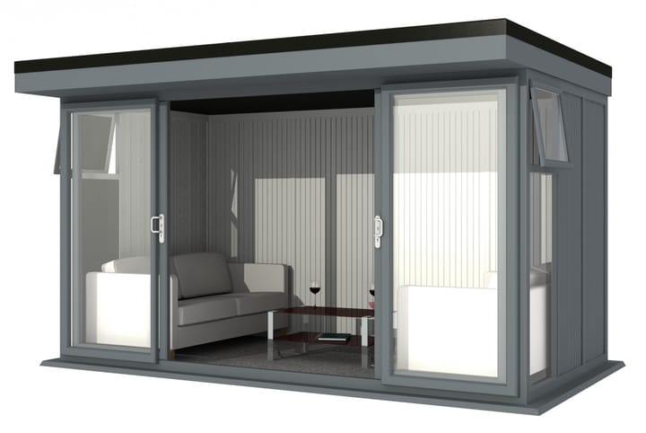 Nordic Broadway Flat Ultimate Package 4.2m x 2.4m in Grey.

The Ultimate Package includes an insulated EPDM Leka Roof, Vinyl Flooring and a Concrete Base.

The Broadway Flat includes large double sliding doors to the front. A glass to ground window with a top opening vent is positioned in each end, towards the front.