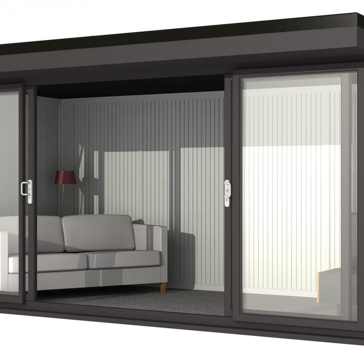 Nordic Broadway Flat 4.8m x 2.4m in Black.

The Broadway Flat includes large double sliding doors to the front. A glass to ground window with a top opening vent is positioned in each end, towards the front.