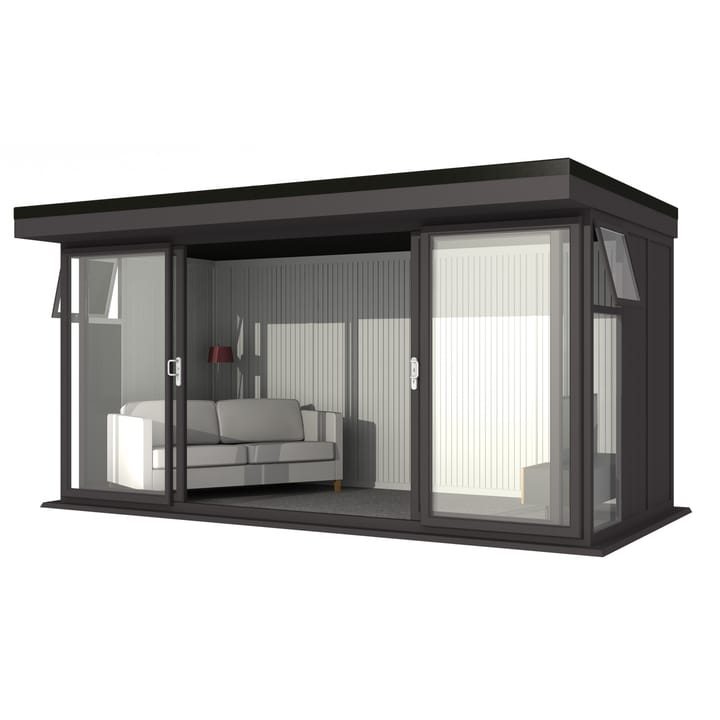 Nordic Broadway Flat 4.8m x 2.4m in Black.

The Broadway Flat includes large double sliding doors to the front. A glass to ground window with a top opening vent is positioned in each end, towards the front.