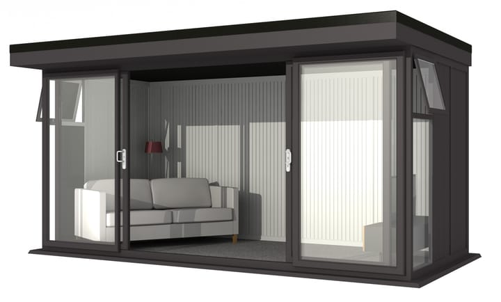 Nordic Broadway Flat Ultimate Package 4.8m x 2.4m in Black.

The Ultimate Package includes an insulated EPDM Leka Roof, Vinyl Flooring and a Concrete Base.

The Broadway Flat includes large double sliding doors to the front. A glass to ground window with a top opening vent is positioned in each end, towards the front.