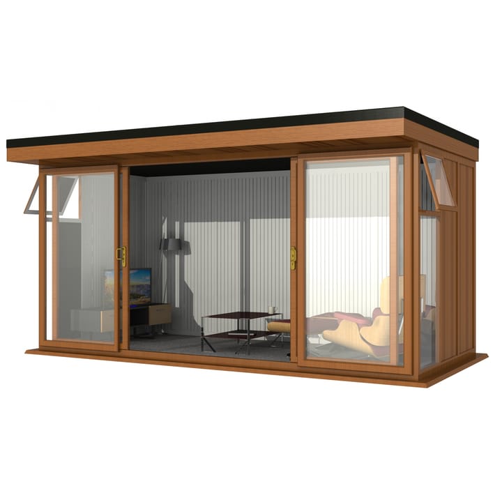 Nordic Broadway Flat 4.8m x 2.4m in Golden Oak.

The Broadway Flat includes large double sliding doors to the front. A glass to ground window with a top opening vent is positioned in each end, towards the front.