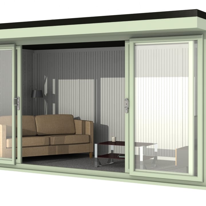 Nordic Broadway Flat 4.8m x 2.4m in Chartwell Green.

The Broadway Flat includes large double sliding doors to the front. A glass to ground window with a top opening vent is positioned in each end, towards the front.