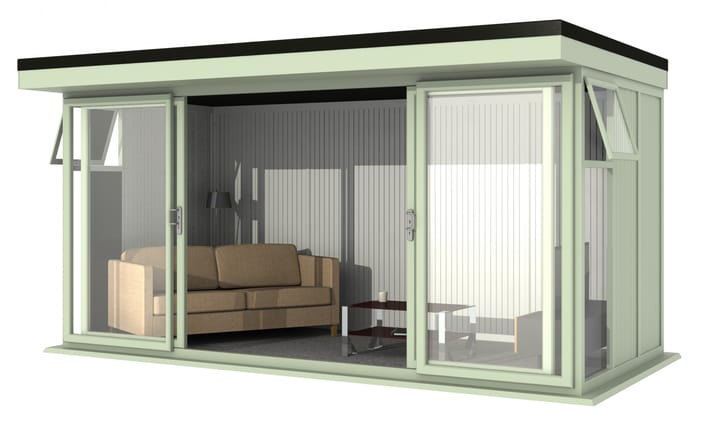 Nordic Broadway Flat 4.8m x 2.4m in Chartwell Green.

The Broadway Flat includes large double sliding doors to the front. A glass to ground window with a top opening vent is positioned in each end, towards the front.
