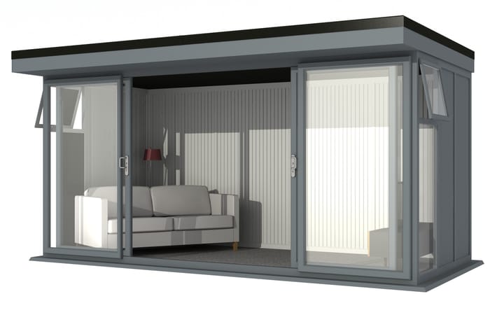 Nordic Broadway Flat Ultimate Package 4.8m x 2.4m in Grey.

The Ultimate Package includes an insulated EPDM Leka Roof, Vinyl Flooring and a Concrete Base.

The Broadway Flat includes large double sliding doors to the front. A glass to ground window with a top opening vent is positioned in each end, towards the front.