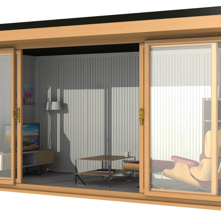 Nordic Broadway Flat 4.8m x 2.4m in Irish Oak.

The Broadway Flat includes large double sliding doors to the front. A glass to ground window with a top opening vent is positioned in each end, towards the front.