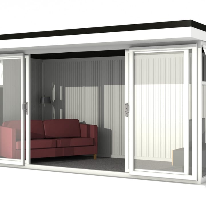 Nordic Broadway Flat 4.8m x 2.4m in White.

The Broadway Flat includes large double sliding doors to the front. A glass to ground window with a top opening vent is positioned in each end, towards the front.