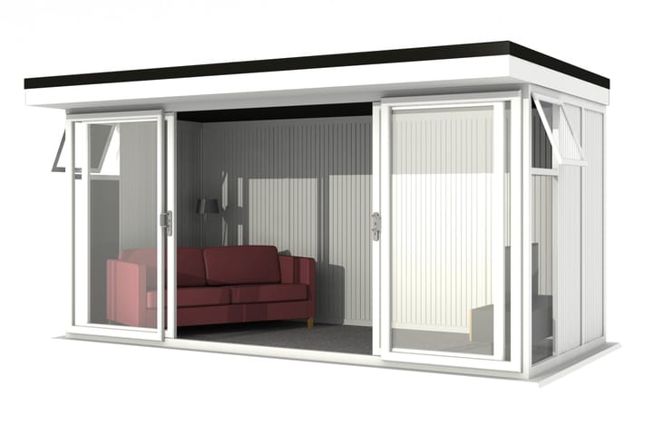 Nordic Broadway Flat 4.8m x 2.4m in White.

The Broadway Flat includes large double sliding doors to the front. A glass to ground window with a top opening vent is positioned in each end, towards the front.
