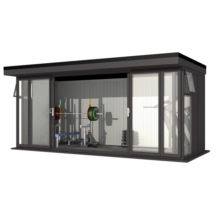 Nordic Broadway Flat 5.4m x 2.4m in Black.

The Broadway Flat includes large double sliding doors to the front. A glass to ground window with a top opening vent is positioned in each end, towards the front.