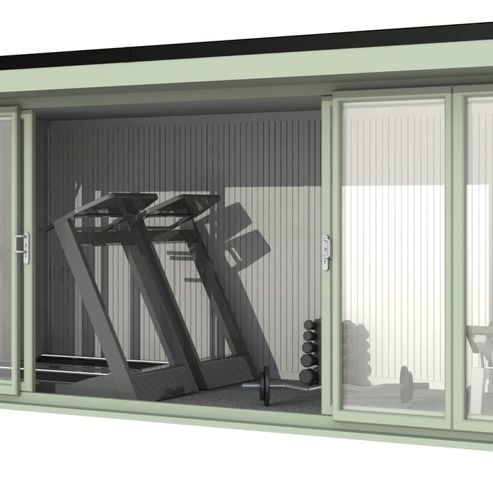 Nordic Broadway Flat 5.4m x 2.4m in Chartwell Green.

The Broadway Flat includes large double sliding doors to the front. A glass to ground window with a top opening vent is positioned in each end, towards the front.