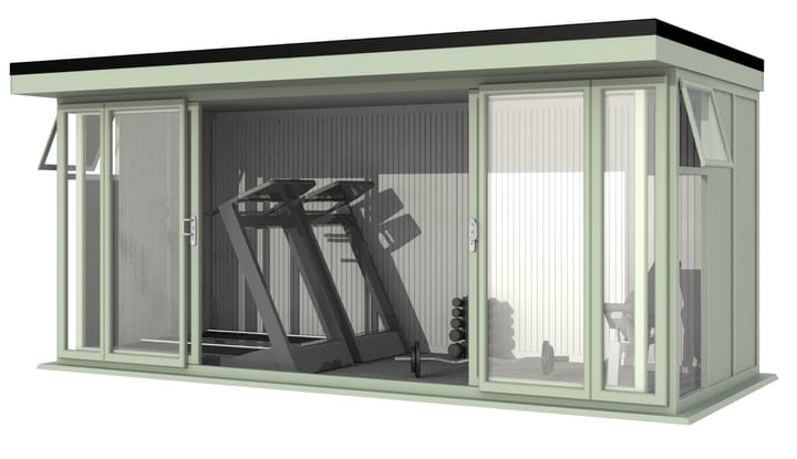 Nordic Broadway Flat 5.4m x 2.4m in Chartwell Green.

The Broadway Flat includes large double sliding doors to the front. A glass to ground window with a top opening vent is positioned in each end, towards the front.
