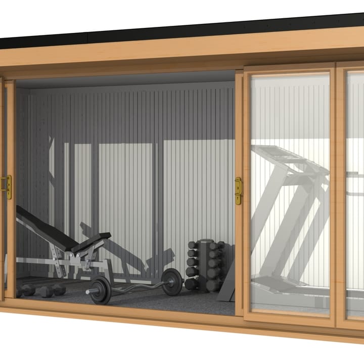 Nordic Broadway Flat 5.4m x 2.4m in Irish Oak.

The Broadway Flat includes large double sliding doors to the front. A glass to ground window with a top opening vent is positioned in each end, towards the front.