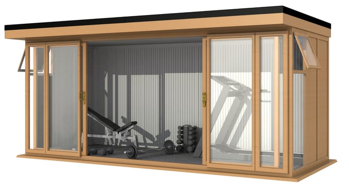 Nordic Broadway Flat 5.4m x 2.4m in Irish Oak.

The Broadway Flat includes large double sliding doors to the front. A glass to ground window with a top opening vent is positioned in each end, towards the front.