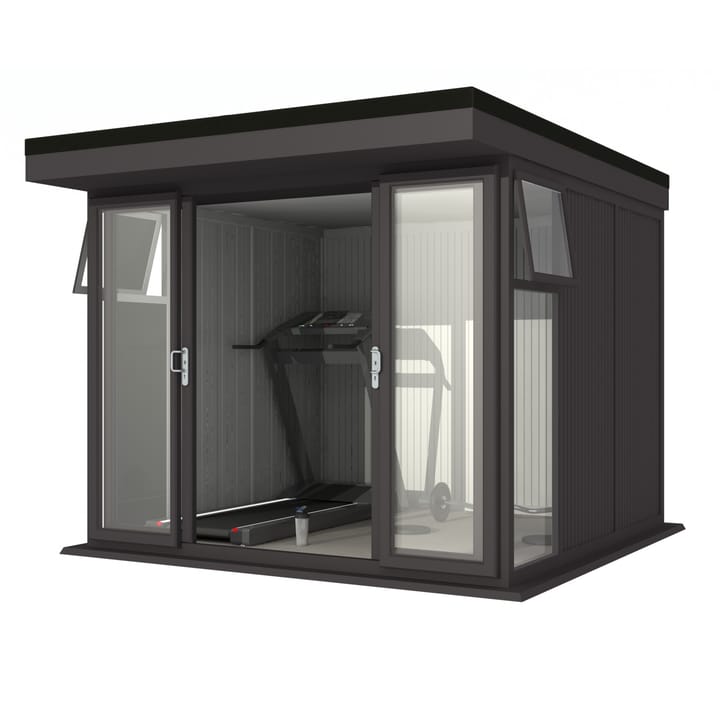 Nordic Broadway Flat 3m x 3m in Black.

The Broadway Flat includes large double sliding doors to the front. A glass to ground window with a top opening vent is positioned in each end, towards the front.