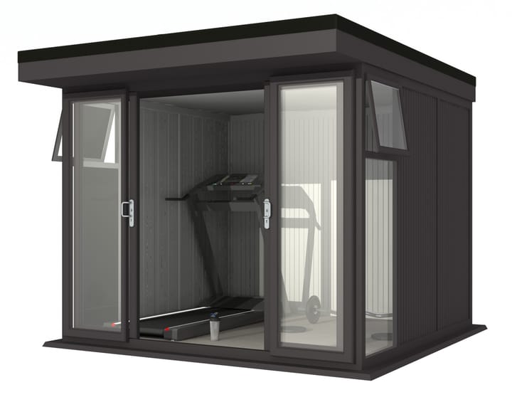 Nordic Broadway Flat 3m x 3m in Black.

The Broadway Flat includes large double sliding doors to the front. A glass to ground window with a top opening vent is positioned in each end, towards the front.