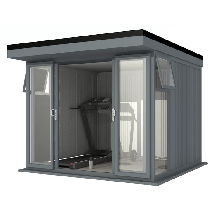 Nordic Broadway Flat 3m x 3m in Grey.

The Broadway Flat includes large double sliding doors to the front. A glass to ground window with a top opening vent is positioned in each end, towards the front.