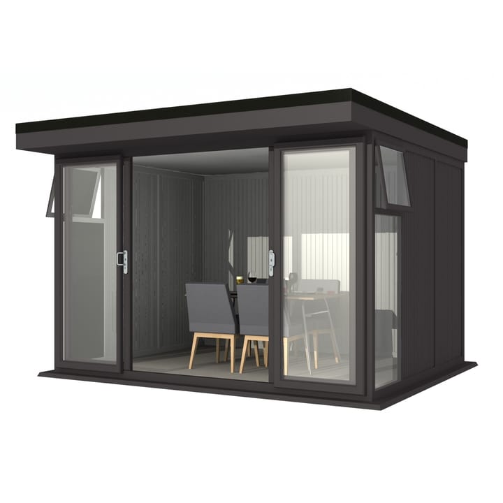 Nordic Broadway Flat 3.4m x 3m in Black.

The Broadway Flat includes large double sliding doors to the front. A glass to ground window with a top opening vent is positioned in each end, towards the front.