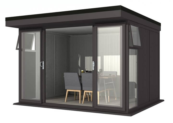 Nordic Broadway Flat 3.4m x 3m in Black.

The Broadway Flat includes large double sliding doors to the front. A glass to ground window with a top opening vent is positioned in each end, towards the front.