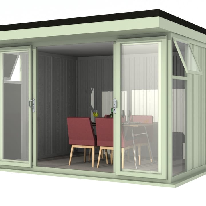 Nordic Broadway Flat 3.4m x 3m in Chartwell Green.

The Broadway Flat includes large double sliding doors to the front. A glass to ground window with a top opening vent is positioned in each end, towards the front.