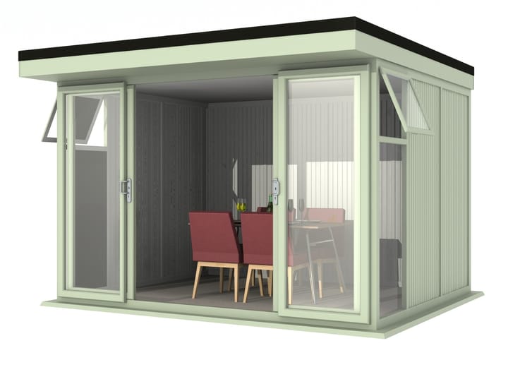 Nordic Broadway Flat 3.4m x 3m in Chartwell Green.

The Broadway Flat includes large double sliding doors to the front. A glass to ground window with a top opening vent is positioned in each end, towards the front.