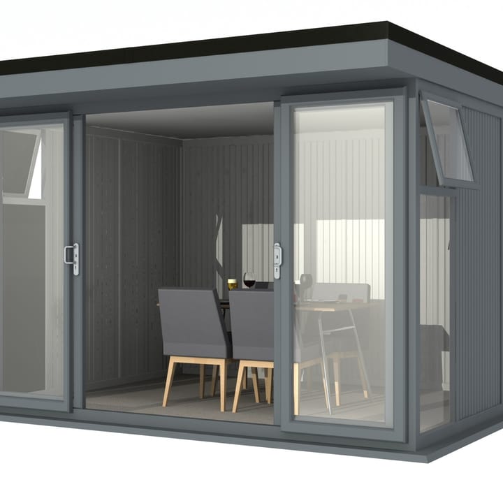 Nordic Broadway Flat 3.4m x 3m in Grey.

The Broadway Flat includes large double sliding doors to the front. A glass to ground window with a top opening vent is positioned in each end, towards the front.