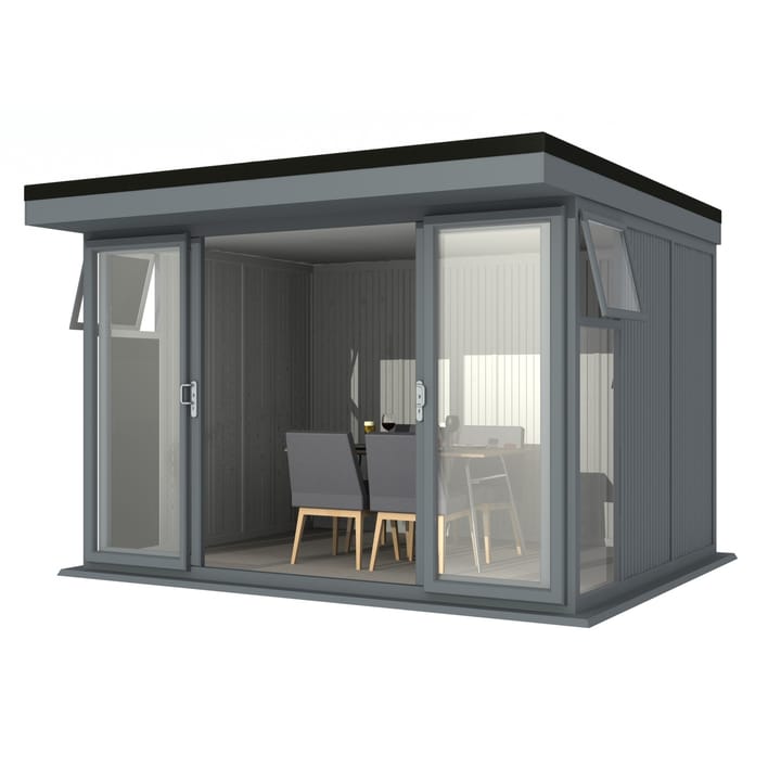 Nordic Broadway Flat 3.4m x 3m in Grey.

The Broadway Flat includes large double sliding doors to the front. A glass to ground window with a top opening vent is positioned in each end, towards the front.