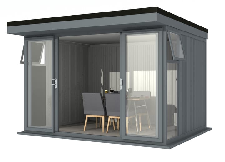 Nordic Broadway Flat Ultimate Package 3.6m x 3m in Grey.

The Ultimate Package includes an insulated EPDM Leka Roof, Vinyl Flooring and a Concrete Base.

The Broadway Flat includes large double sliding doors to the front. A glass to ground window with a top opening vent is positioned in each end, towards the front.
