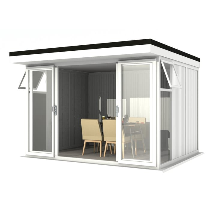 Nordic Broadway Flat 3.4m x 3m in White.

The Broadway Flat includes large double sliding doors to the front. A glass to ground window with a top opening vent is positioned in each end, towards the front.
