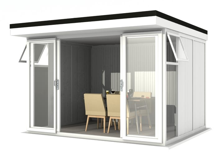 Nordic Broadway Flat Ultimate Package 3.6m x 3m in White.

The Ultimate Package includes an insulated EPDM Leka Roof, Vinyl Flooring and a Concrete Base.

The Broadway Flat includes large double sliding doors to the front. A glass to ground window with a top opening vent is positioned in each end, towards the front.