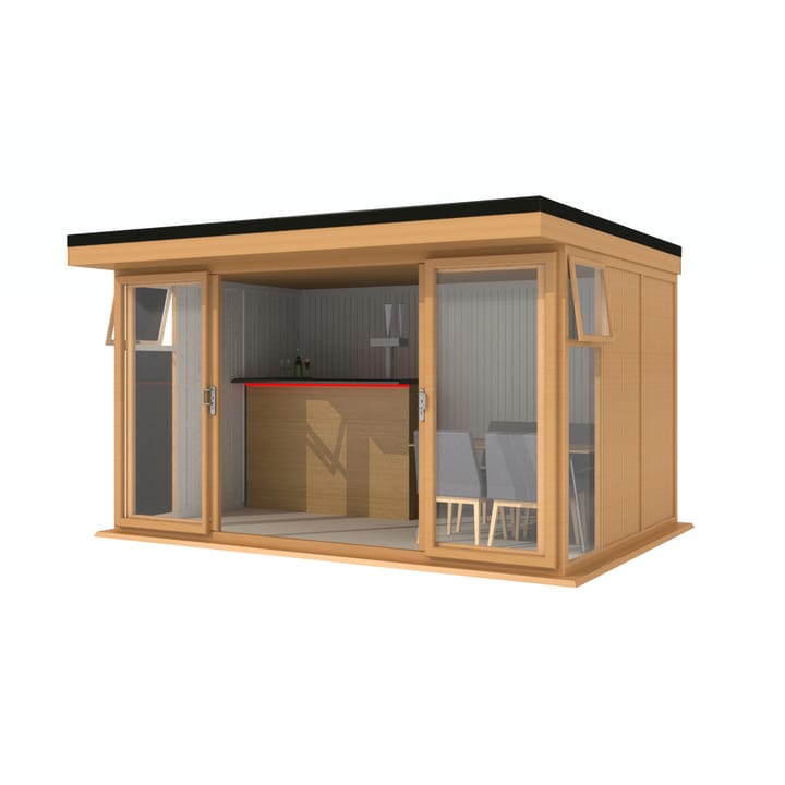 Nordic Broadway Flat 4.2m x 3m in Irish Oak.

The Broadway Flat includes large double sliding doors to the front. A glass to ground window with a top opening vent is positioned in each end, towards the front.