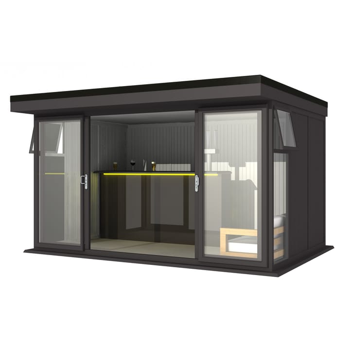 Nordic Broadway Flat 4.2m x 3m in Black.

The Broadway Flat includes large double sliding doors to the front. A glass to ground window with a top opening vent is positioned in each end, towards the front.