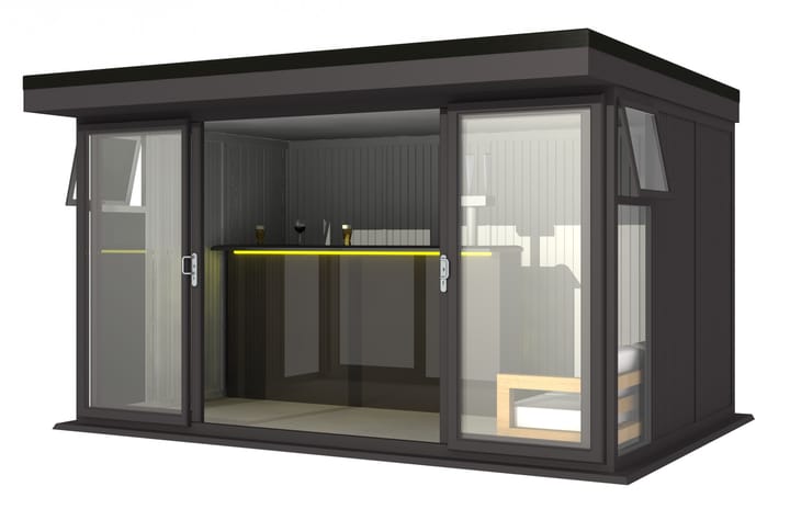 Nordic Broadway Flat Ultimate Package 4.2m x 3m in Black.

The Ultimate Package includes an insulated EPDM Leka Roof, Vinyl Flooring and a Concrete Base.

The Broadway Flat includes large double sliding doors to the front. A glass to ground window with a top opening vent is positioned in each end, towards the front.
