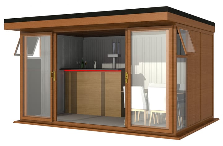 Nordic Broadway Flat 4.2m x 3m in Golden Oak.

The Broadway Flat includes large double sliding doors to the front. A glass to ground window with a top opening vent is positioned in each end, towards the front.