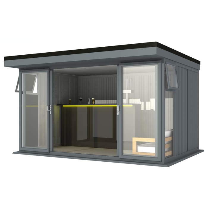 Nordic Broadway Flat 4.2m x 3m in Grey.

The Broadway Flat includes large double sliding doors to the front. A glass to ground window with a top opening vent is positioned in each end, towards the front.
