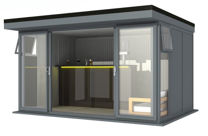 Nordic Broadway Flat 4.2m x 3m in Grey.

The Broadway Flat includes large double sliding doors to the front. A glass to ground window with a top opening vent is positioned in each end, towards the front.