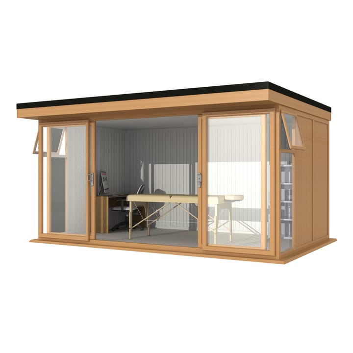 Nordic Broadway Flat 4.8m x 3m in Irish Oak.

The Broadway Flat includes large double sliding doors to the front. A glass to ground window with a top opening vent is positioned in each end, towards the front.