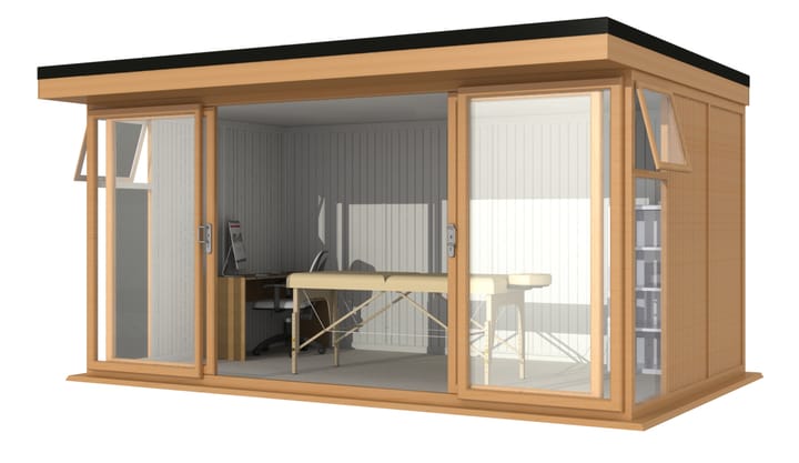 Nordic Broadway Flat 4.8m x 3m in Irish Oak.

The Broadway Flat includes large double sliding doors to the front. A glass to ground window with a top opening vent is positioned in each end, towards the front.