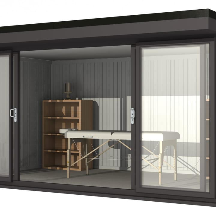 Nordic Broadway Flat 4.8m x 3m in Black.

The Broadway Flat includes large double sliding doors to the front. A glass to ground window with a top opening vent is positioned in each end, towards the front.